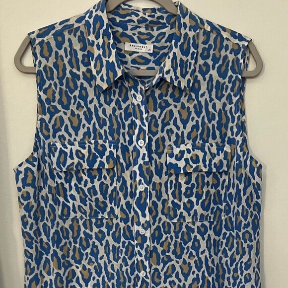 Equipment Femme Size L 100% Silk Cheetah Print Sleeveless Collared Shirt Dress - Picture 9 of 9